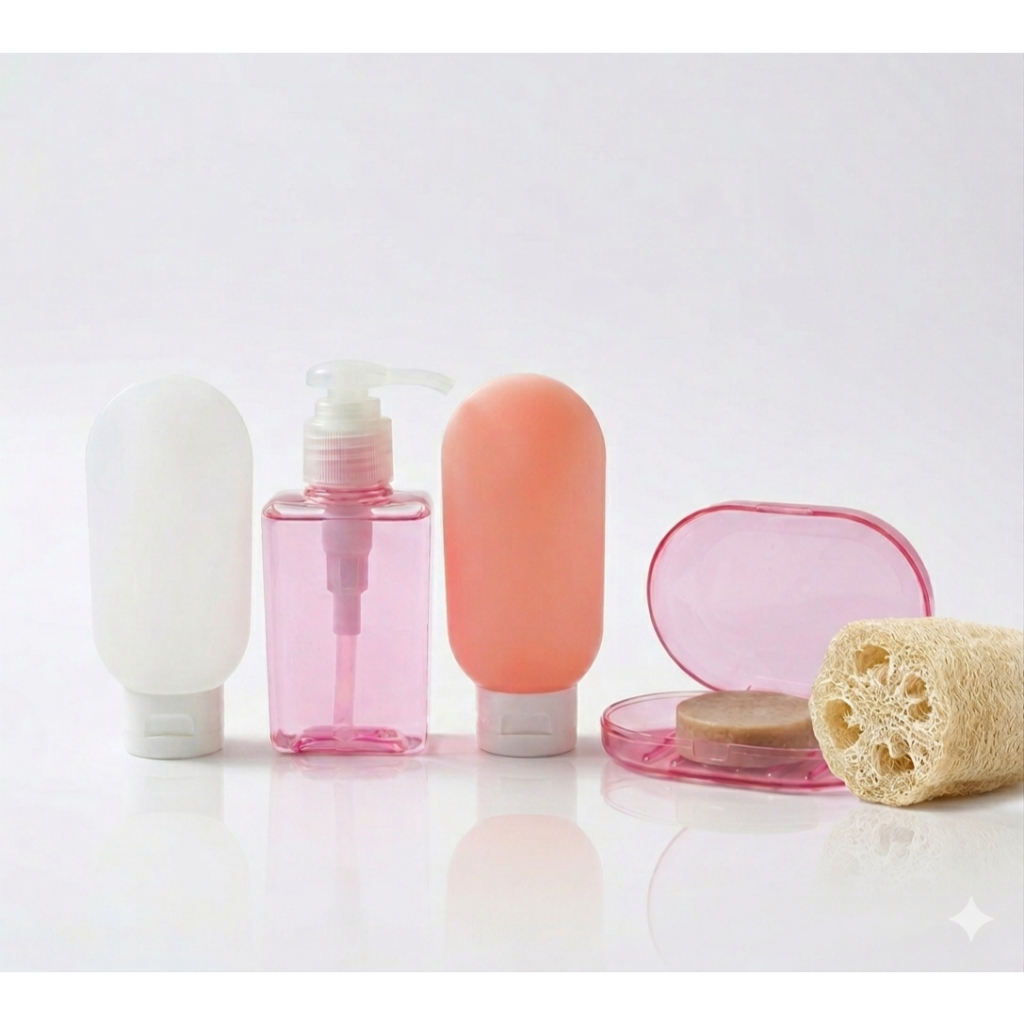 Kit Viagem Banho Completo Saboneteira Bucha Vegetal E 3 Frascos Silicone Necessaire Portátil