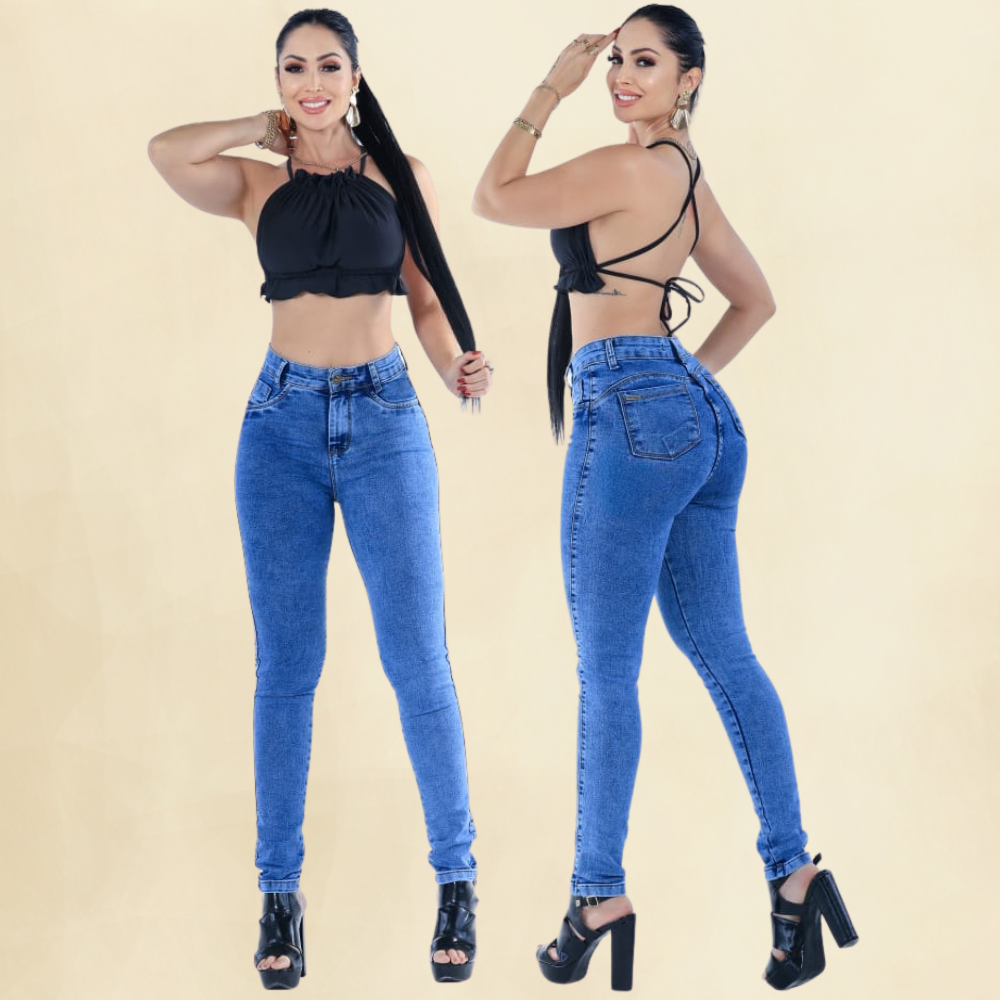 Calça Jeans Feminina Skinny Cintura Alta Azul Premium Com Lycra Modeladora Levanta Bumbum
