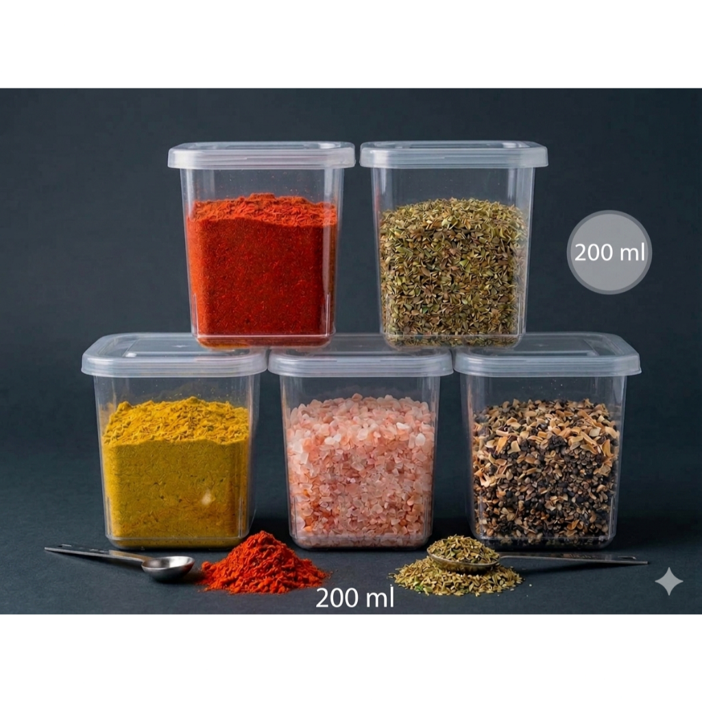 Kit 5 Potes Porta Mantimento Condimentos Tempero 200ml Transparente Azul Marrom Cozinha Multiuso