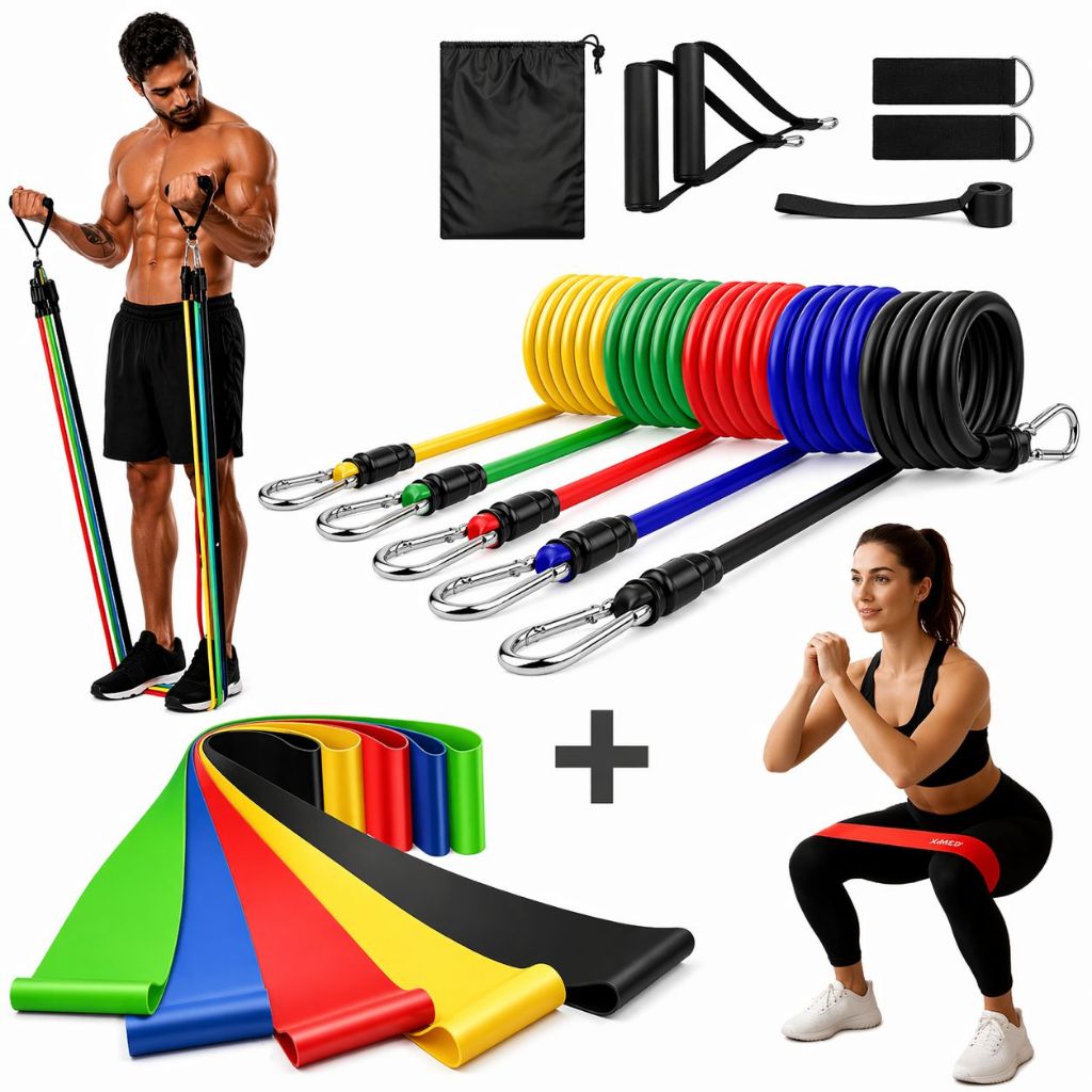 Imagem Kit 16 Itens Treino Em Casa Completo Elásticos Extensores + 5 Mini Bands Fitness Musculação Exercícios Yoga Fisioterapia
