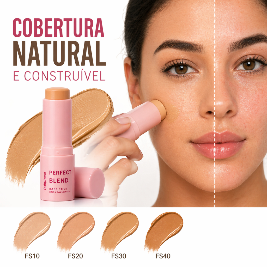 Base em Bastão Ruby Rose Perfect Blend Base Facial Alta Cobertura  Facil de Aplicar Para o Dia A Dia