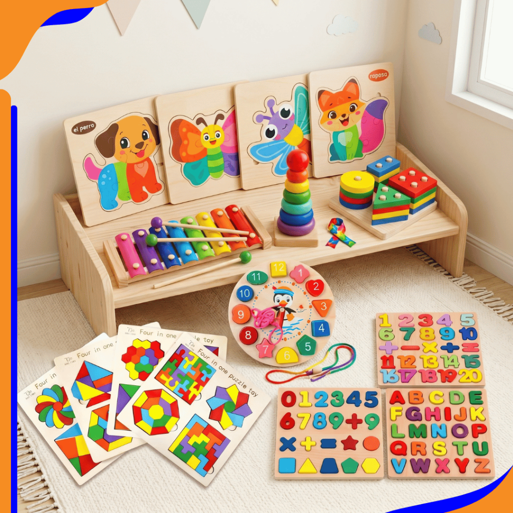 Super Kit Educativo Infantil 15 em 1 Madeira Montessori – Números, Letras, Cores e Coordenação