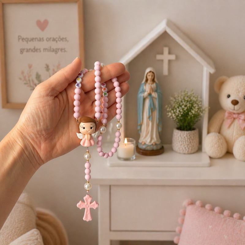 Terço infantil para berço batizado e nascimento Pequena Anja Divina kit com caixa de presente e organza terço presente