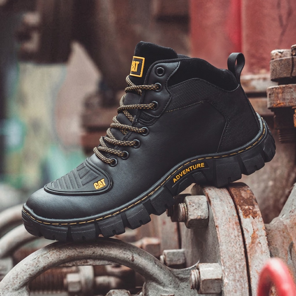 Bota CAT Coturno Masculino Preto Couro Sintético Palmilha Borracha Alta Densidade Conforto 38 ao 46
