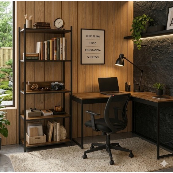 Mesa de Canto em L + Estante Industrial Moderna Kit Escritório Completo e Funcional