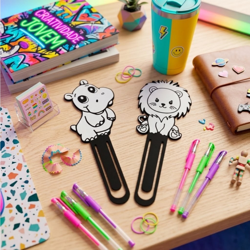 Kit 2 Marcadores de Página Fofos – Leão & Hipopótamo | Ideal para Livros, Cadernos, Revistas e Muito Mais