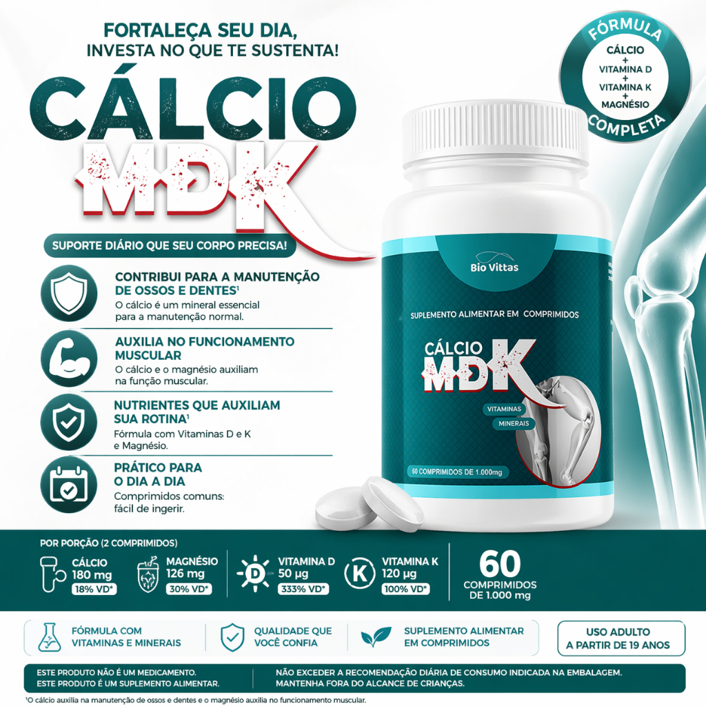Cálcio MDK com Magnésio Vitamina D3 e K2 – Bio VittaSS