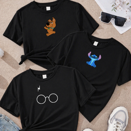 Kit 3 Camisetas Estampadas Personagens Unissex 100% Algodão T-Shirt Premium Casual Confortável Stitch Scooby
