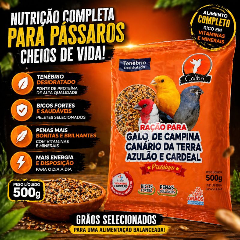 Ração Galo de campina, azulão, cardeal com tenébrio desidratado 500g ração Premium