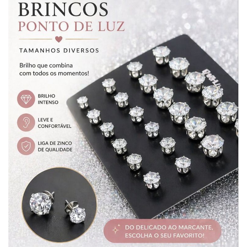 Brinco Ponto de Luz Feminino Masculino com Zircônia Brilhante Liga de Zinco