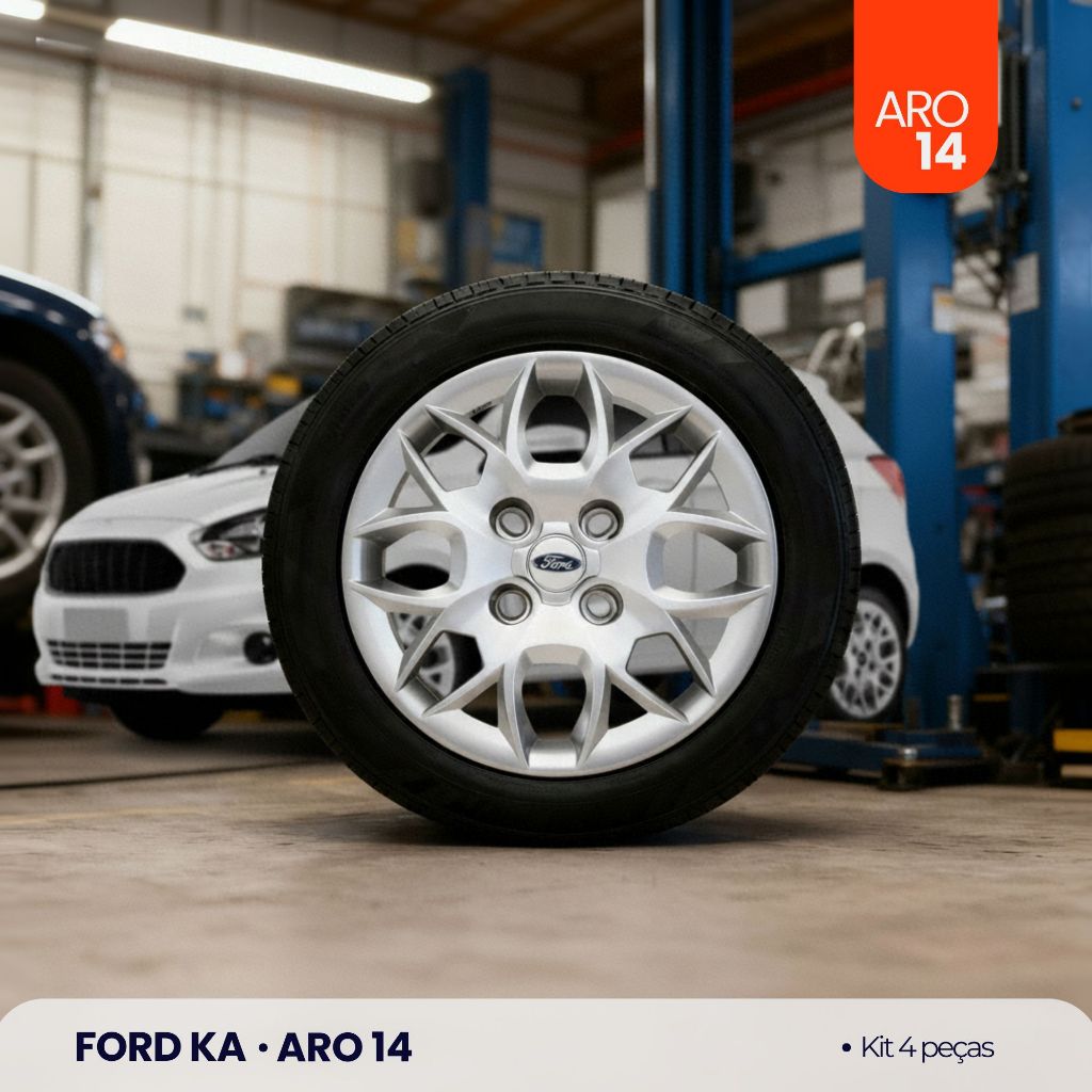 Jogo Calota Aro 14 Ford Ka Hatch Sedan 2015 2016 2017 2018 C/ Emblema Resinado