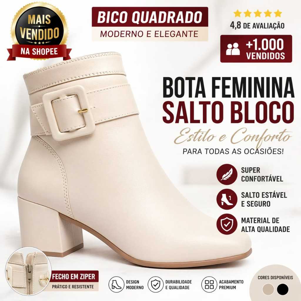 Bota Feminina Bico Quadrado Salto Bloco Confortável Cano Curto com Fivela e Zíper Casual Moda 2026
