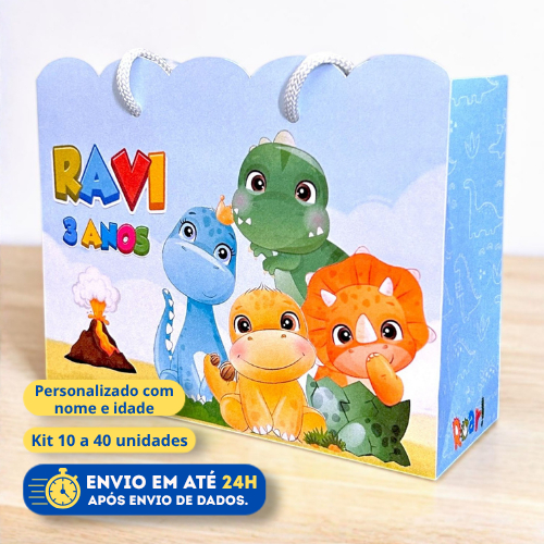 Sacolinha Personalizada Dino Baby | Dinossauro | Lembrancinha Infantil | Kit 10 a 40 Unidades