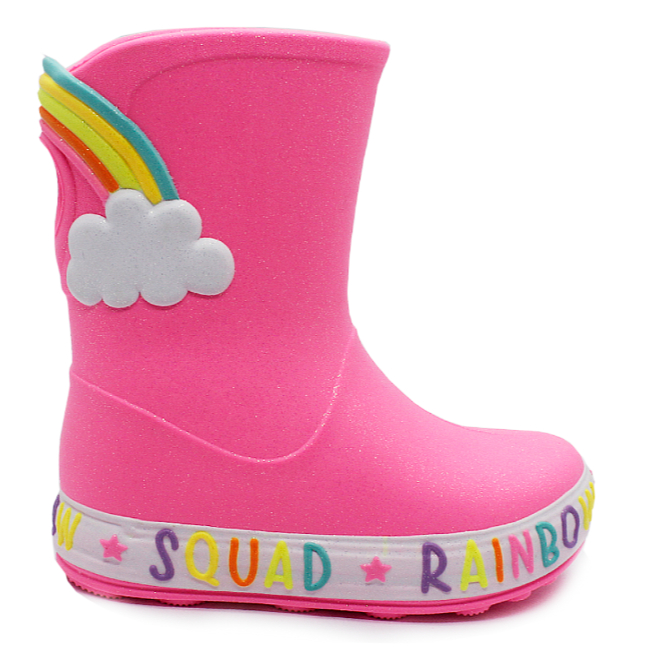 Galocha Menina Infantil Plugt Rainbow Arco-Íris Glitter Rosa Chiclete Impermeável Confortável