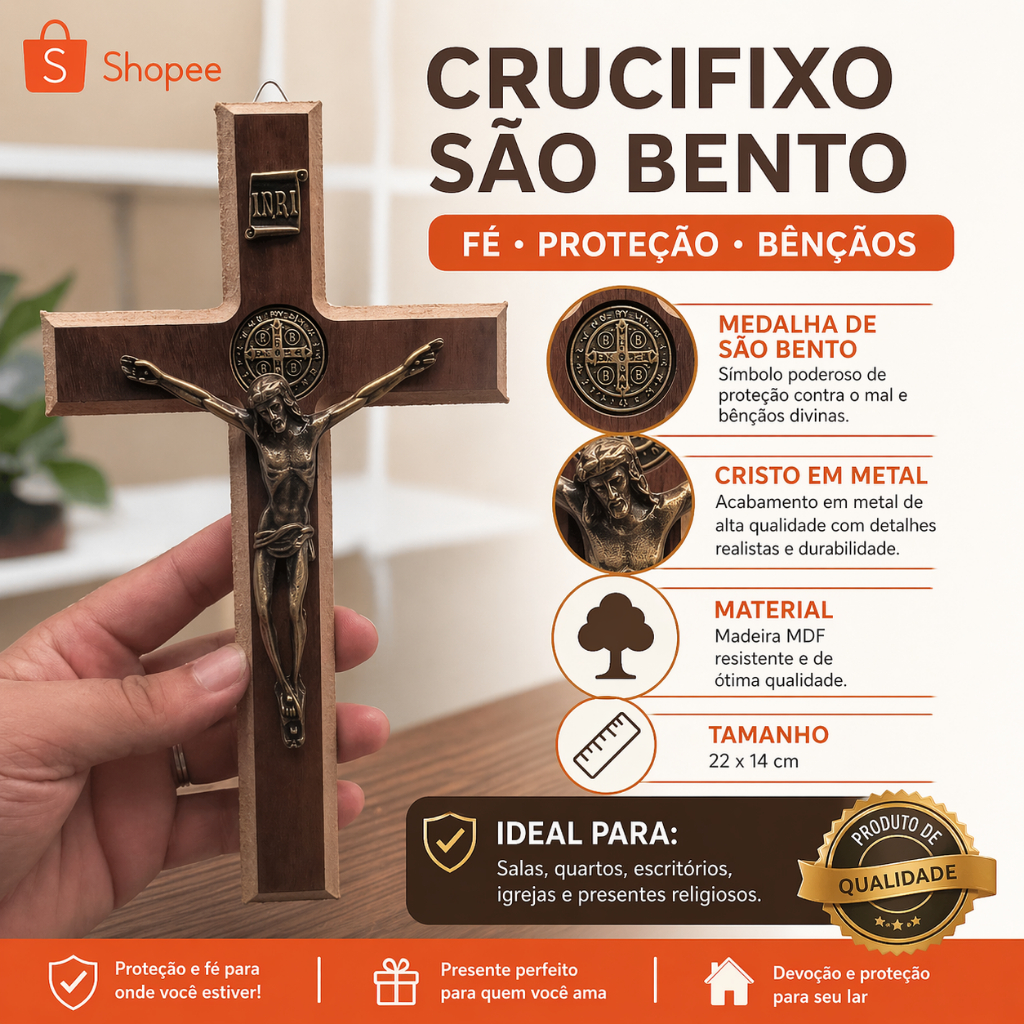 Cruz de São Bento 22x14cm MDF com Base Cristo em Metal Mesa ou Parede Direto da Fábrica em Oferta na Shopee
