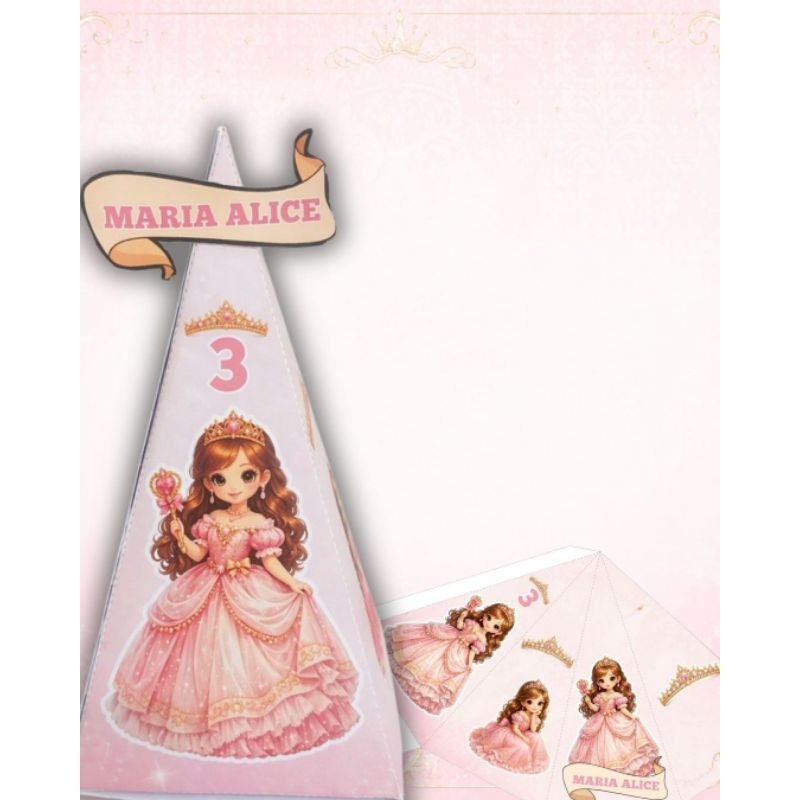 Caixa Pirâmide Princesa Festa Infantil Aniversário Personalizada Nome e Idade Lembrancinha