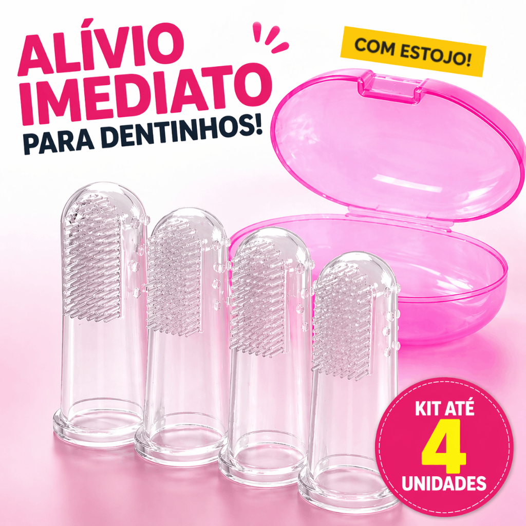 Kit até 4 Escova Dedeira Bebê Silicone Macio + Estojo | Alivia Gengiva Dentição