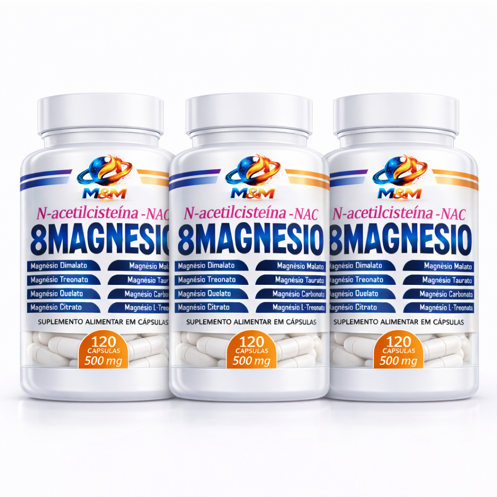 8 Magnésio (DIMALATO, QUELATO E L-TREONATO) + NAC N-Acetilcisteína --120 e 60 Caps.