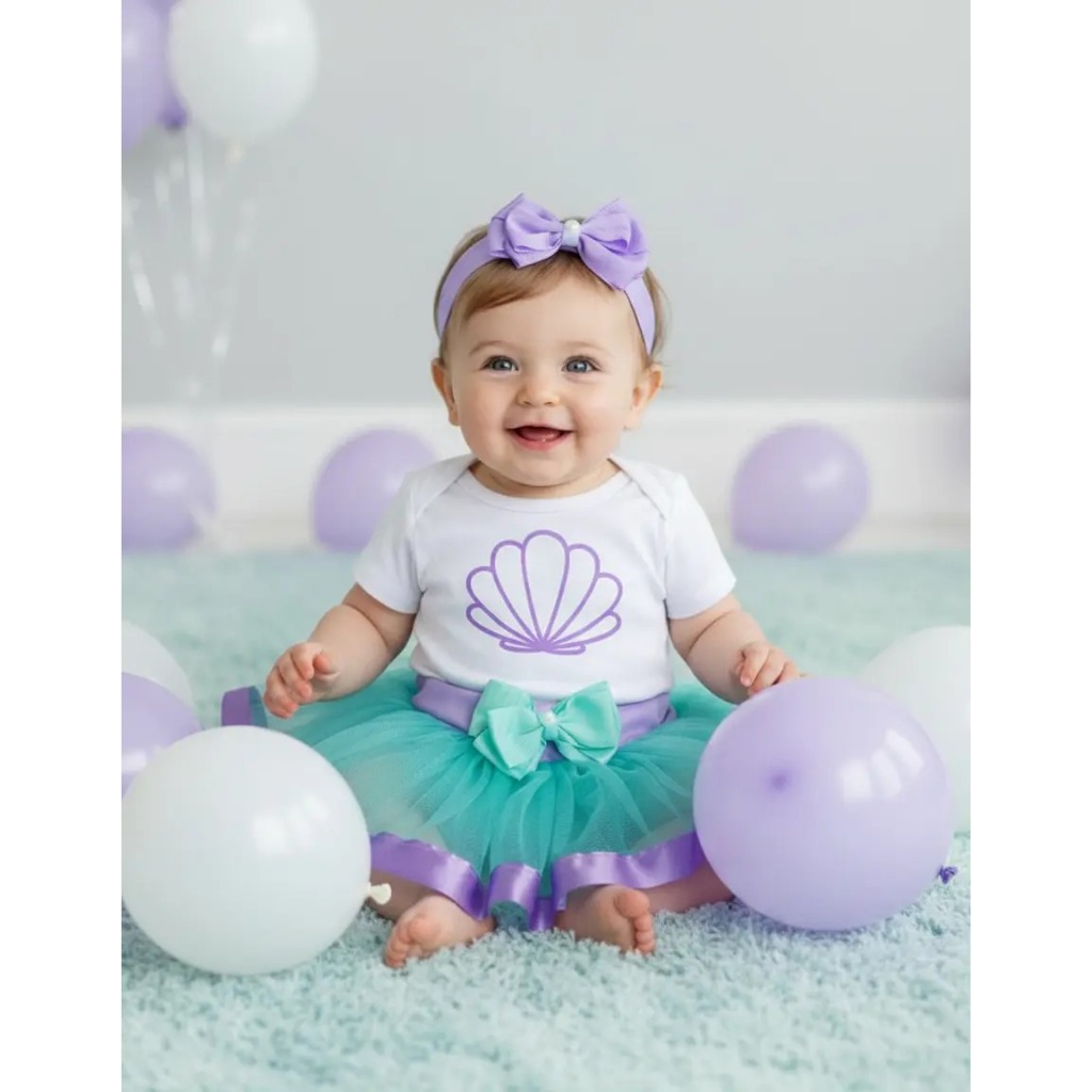 Conjunto Sereia De Bebê Menina Roupa Mesversário Body Temático Aniversário Concha Fundo Do Mar C/ Saia Tutu E Laço