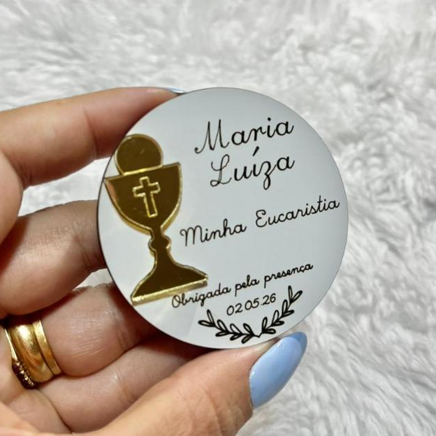 Lembrancinha Primeira Eucaristia Ímã Personalizado MDF com Acrílico Espelhado Cálice