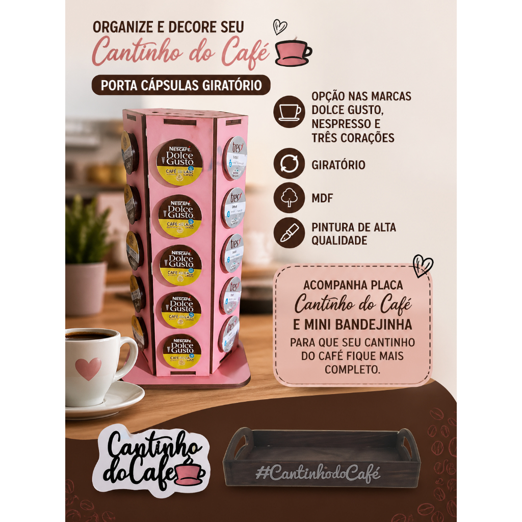 Kit Cantinho do CAFÉ /Porta Cápsulas + Bandejinha + Frase + Quadrinhos /Dolce Gusto ou Três Corações