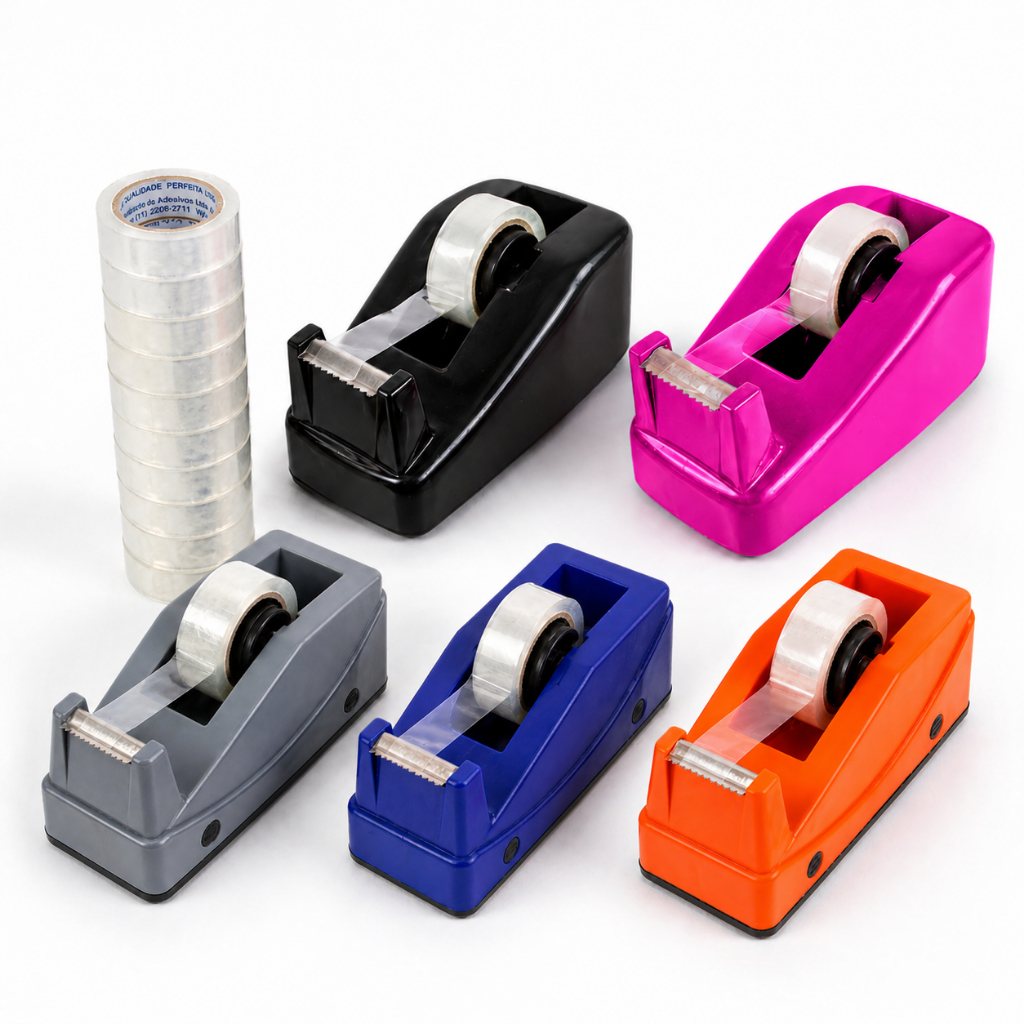 Suporte Para Fita Adesiva Pequeno Porta Durex De Mesa Preto ou Rosa / Kit 10 Fitas 12X10m