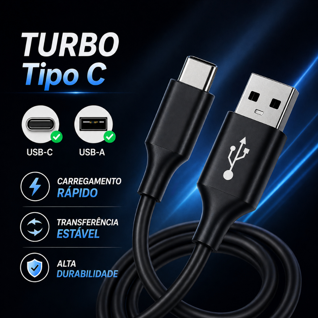 Cabo USB Tipo C Carregamento Turbo 3.4 A 2 m  PVC resistente - Várias cores - Transferência de Dados Inova