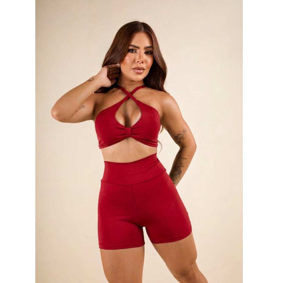 Conjunto de Academia Feminino Top + Short Vermelho Vinho Curto Cintura Alta sem Transparência com Bojo Removível