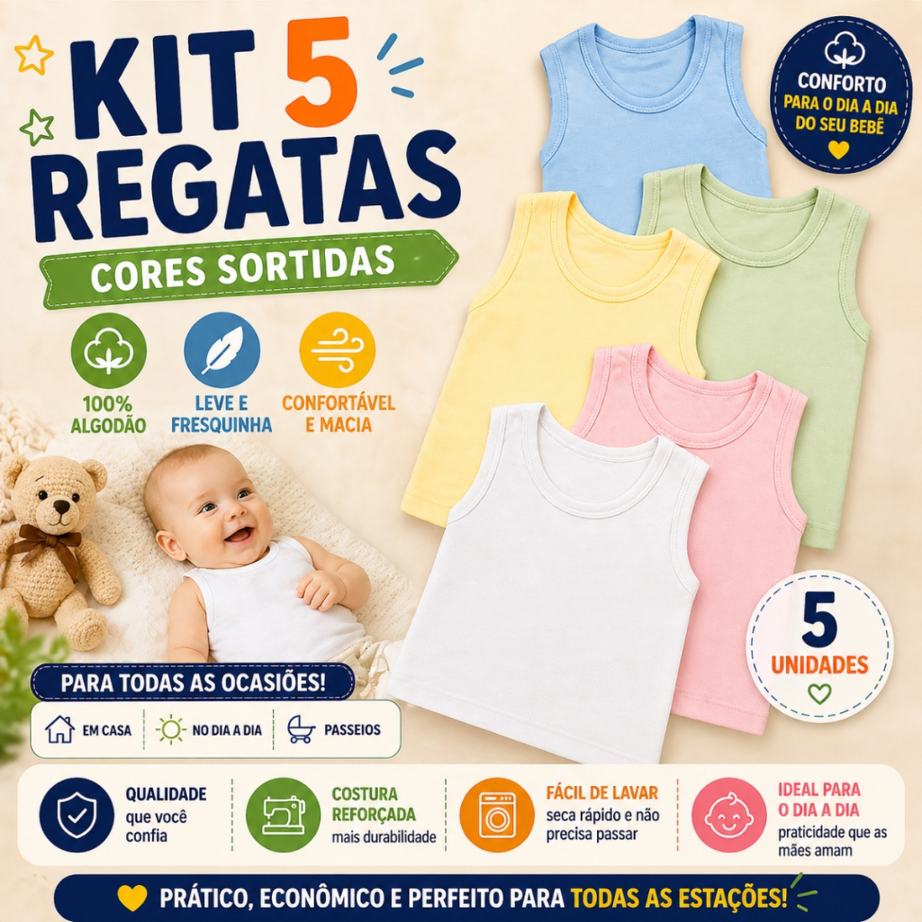 Kit 5 Camisetas Regata Bebê Menino Menina