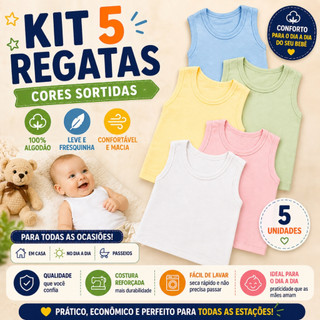 Kit 5 Camisetas Regata Bebê Menino Menina
