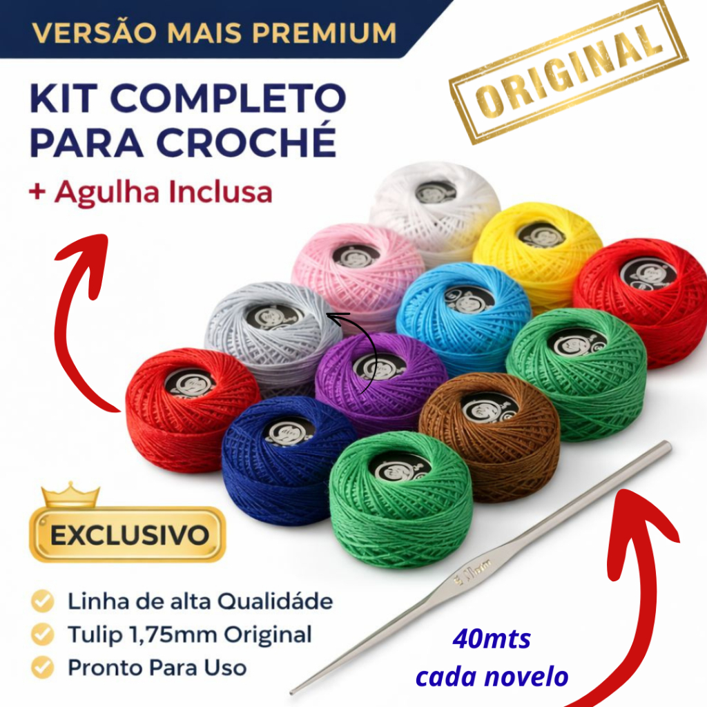 Kit Crochê Completo 12 Linhas Coloridas + Agulha Tulip 1,75mm NYBC Amigurumi Bordado Artesanato Fio Algodão Fino