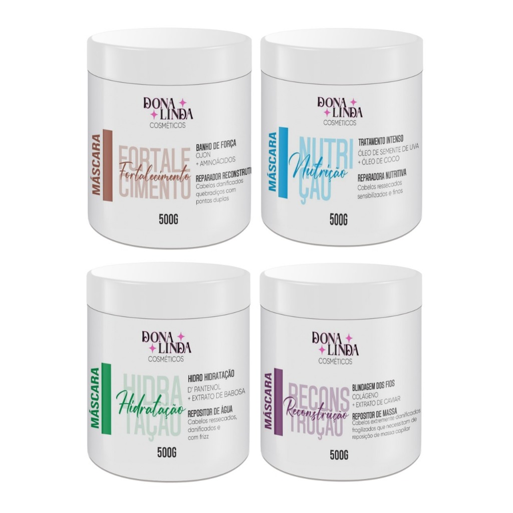 Kit Cronograma Capilar Dona Linda 4 Máscaras 500g: Hidratação Nutrição Reconstrução e Força