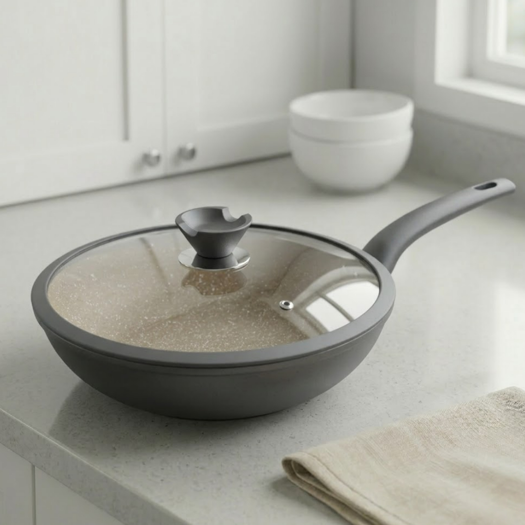 Imagem Panela Frigideira Wok Cerâmica Antiaderente 30cm com Tampa Indução Gás Elétrico Cozinha Profissional