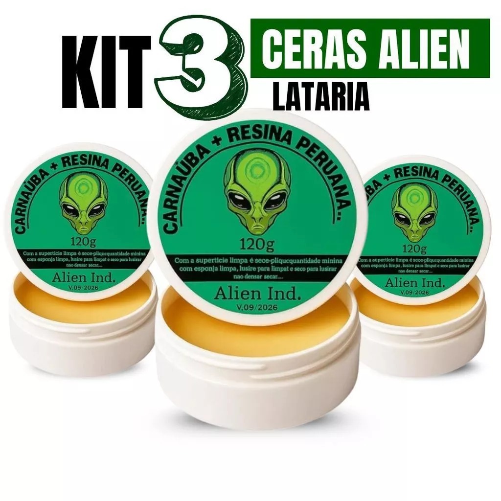 Kit 03 Cera Automotiva Alien Ind Carnaúba Restaura Lataria Polimento Tira Riscos e Revitaliza