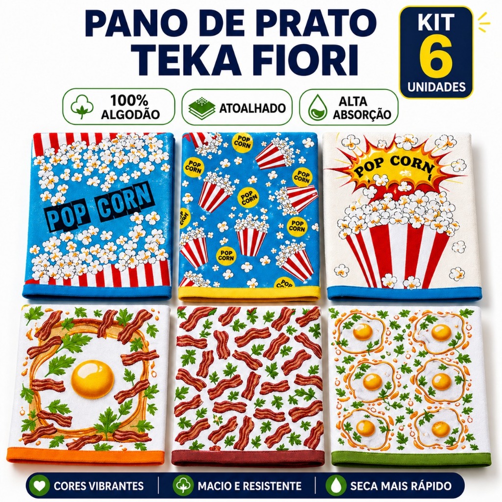 Pano de Copa Teka Fiori 100% Algodão Grosso 300g/m² – Ultra Absorvente p/ Cozinha | 6 Un