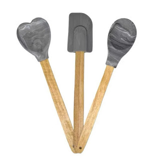 Trio Espátula De Silicone Com Cabo De Bambu | 30cm | Coração, Retangular E Redondo | Cozinha | 3 Espátulas | Resistente