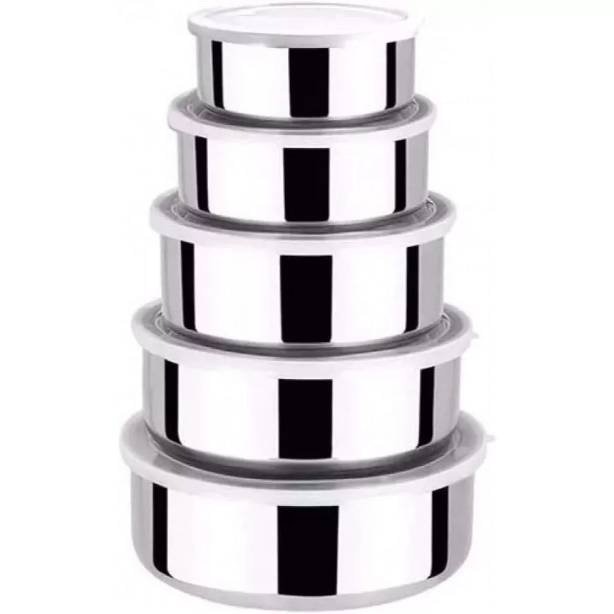 Kit 5 Tigelas de Aço Inox com Tampa Hermética Potes Empilháveis Cozinha Marmita Geladeira