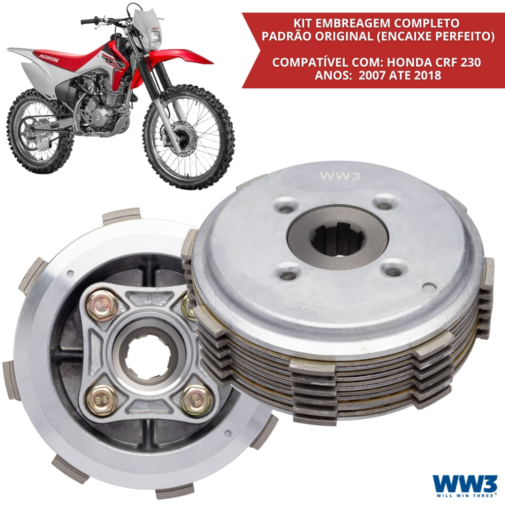 Embreagem Completa CRF 230 2007 a 2018 Kit Embreagem Honda CRF230 Disco Platô Mola Alta Performance Moto off road WW3