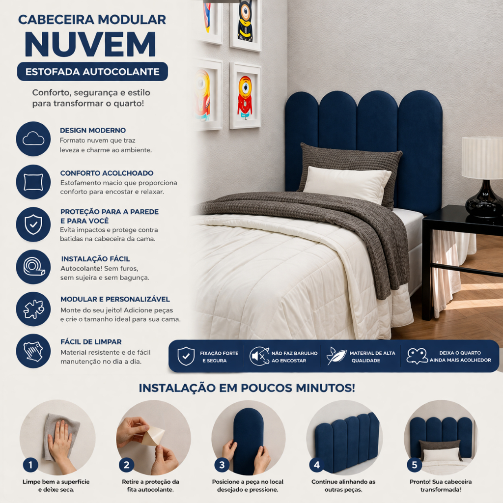 Kit Cabeceira Modular Peças Autocolante para Cama Box - Cabeceira Nuvem 60x20cm — imagem 2 de 2