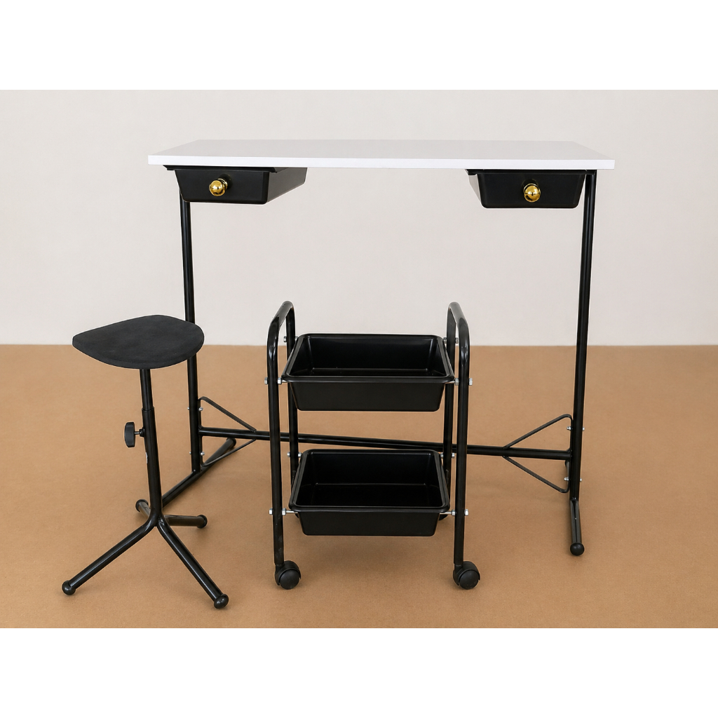 Kit Manicure Profissional Completo – Mesa com 2 Gavetas + Carrinho Organizador + Apoio de Pé