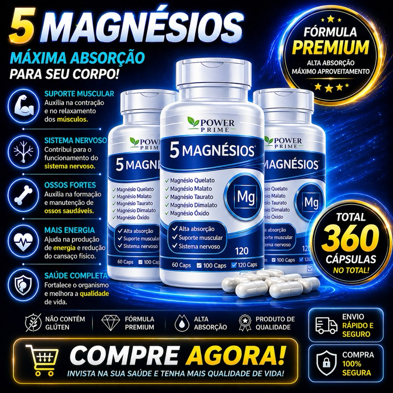 5 Magnésios 500mg 120 Cápsulas | Fórmula Completa Natural | Suplemento para Energia e Rotina