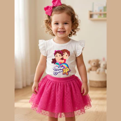 Conjunto Infantil Menina Look Blogueirinha Maria Clara JP 1 a 10 Anos Blusa OFF Tule Pink Estiloso dia a dia