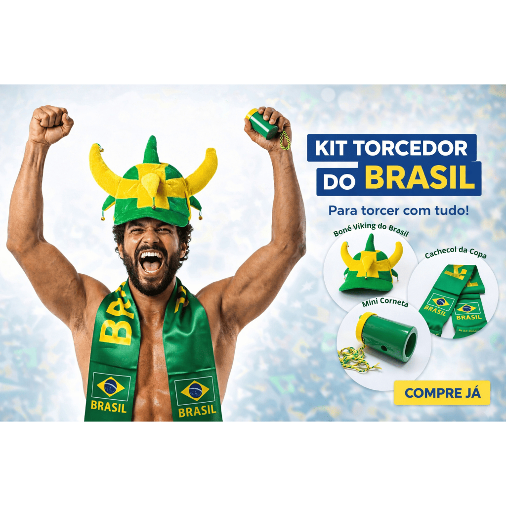 Kit Torcedor Brasil Copa Do Mundo 3 Peças Chapéu Viking Cachecol Brasil Corneta Unissex Festa Futebol Bar Pronta Entrega