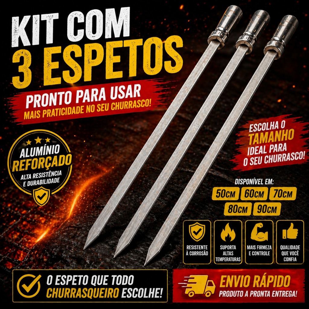 Espeto Chato Alumínio 6mm Churrasco Profissional Não Gira Carne 50-90cm