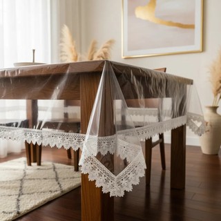 Toalha de Mesa de Plástico Transparente Impermeável Com Bordado Guipir