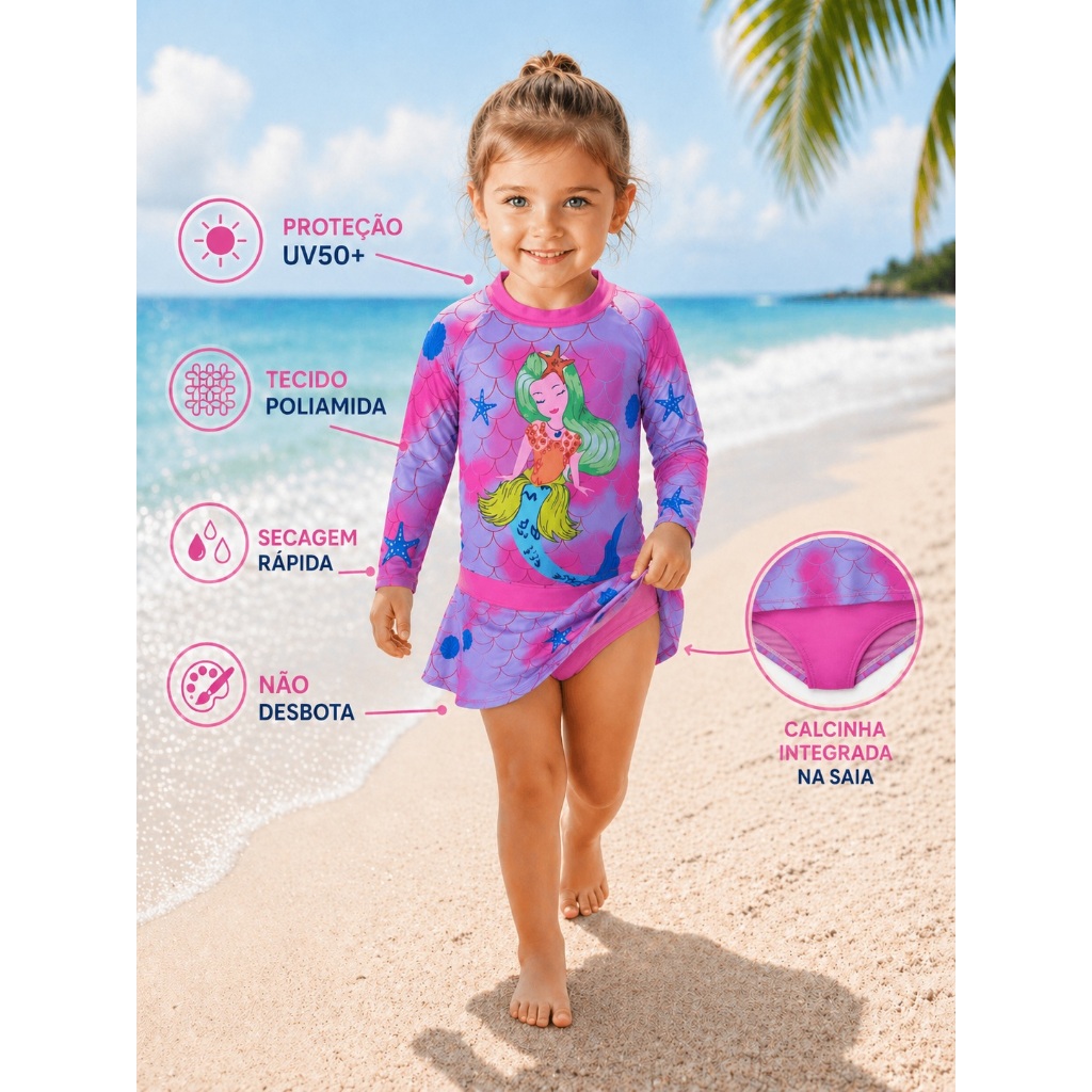Conjunto Praia Infantil Menina com Biquini/Calcinha Integrado Saia + Blusa Longa Proteção Uv50+