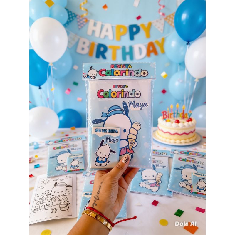 Kit 10/15/20 Revista 10x15cm Colorir+Giz Festa Pochacco, Lembrancinhas Aniversário Personalizados.