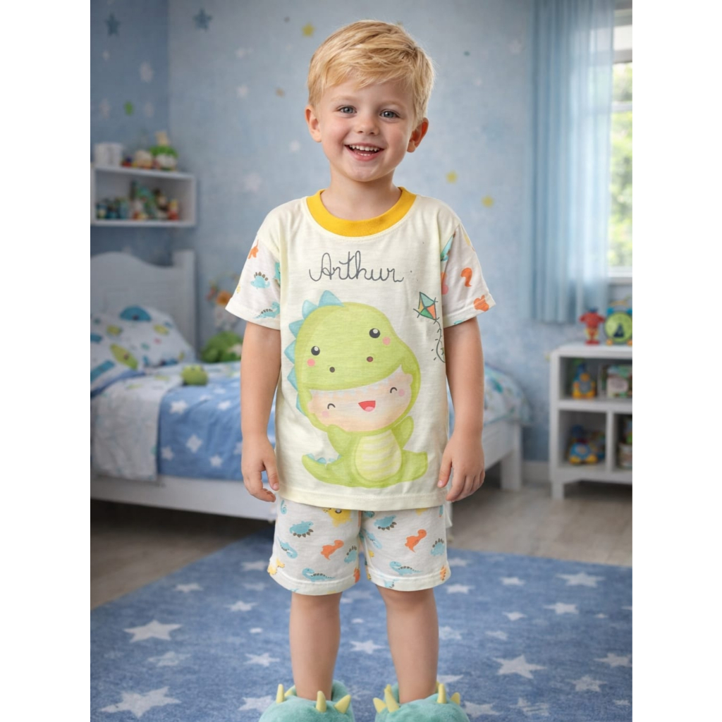 Pijama Curto Menino Infantil Personalizado Estampado Roupa de Dormir Malha Fria Verão 1 ao 12 Anos
