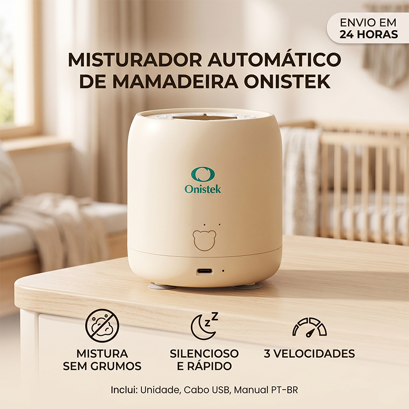 Agitador Automático de Mamadeira Elétrico Recarregável – 3 Velocidades, Silencioso, Base com Ventosas, USB – Bege