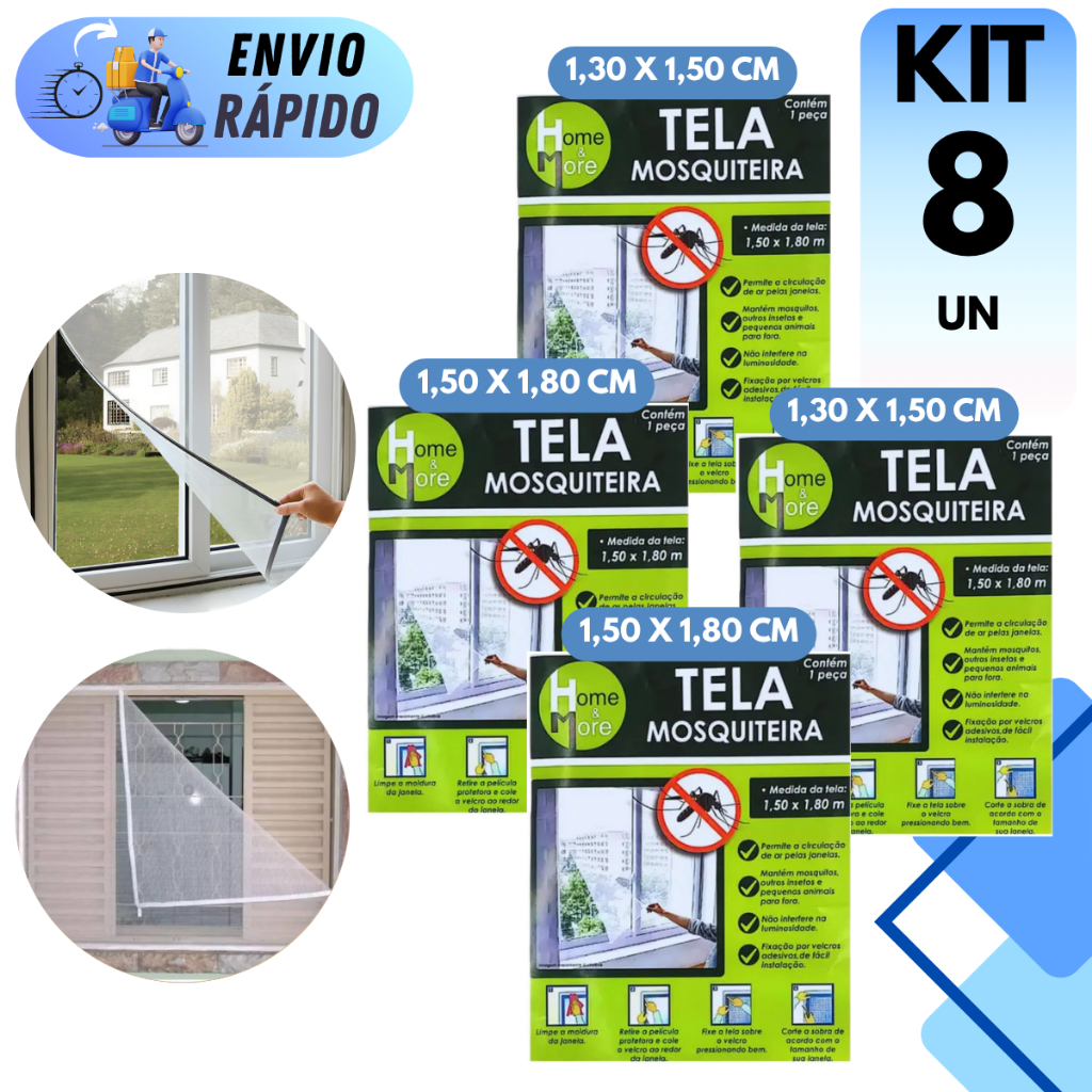 KIT 8 TELAS MOSQUITEIRA COM VELCRO ENCAIXE AJUSTAVEL PARA JANELA PORTA AUTOCOLANTE REMOVIVEL INSETO